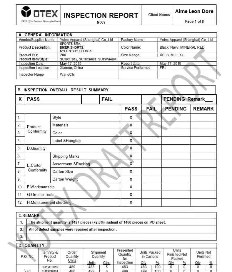 inspection report from YOTEX APPAREL