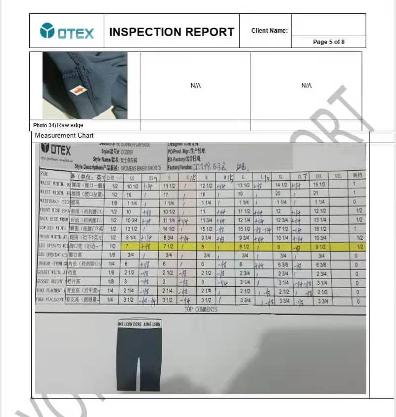 measurement checking in inspection report from YOTEX APPAREL